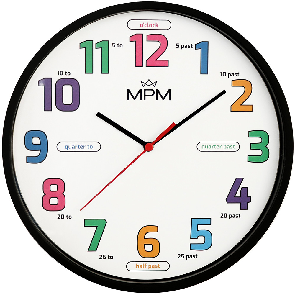 MPM Pestrobarevné dětské nástěnné hodiny s anglickými popisky E01M.4271.90