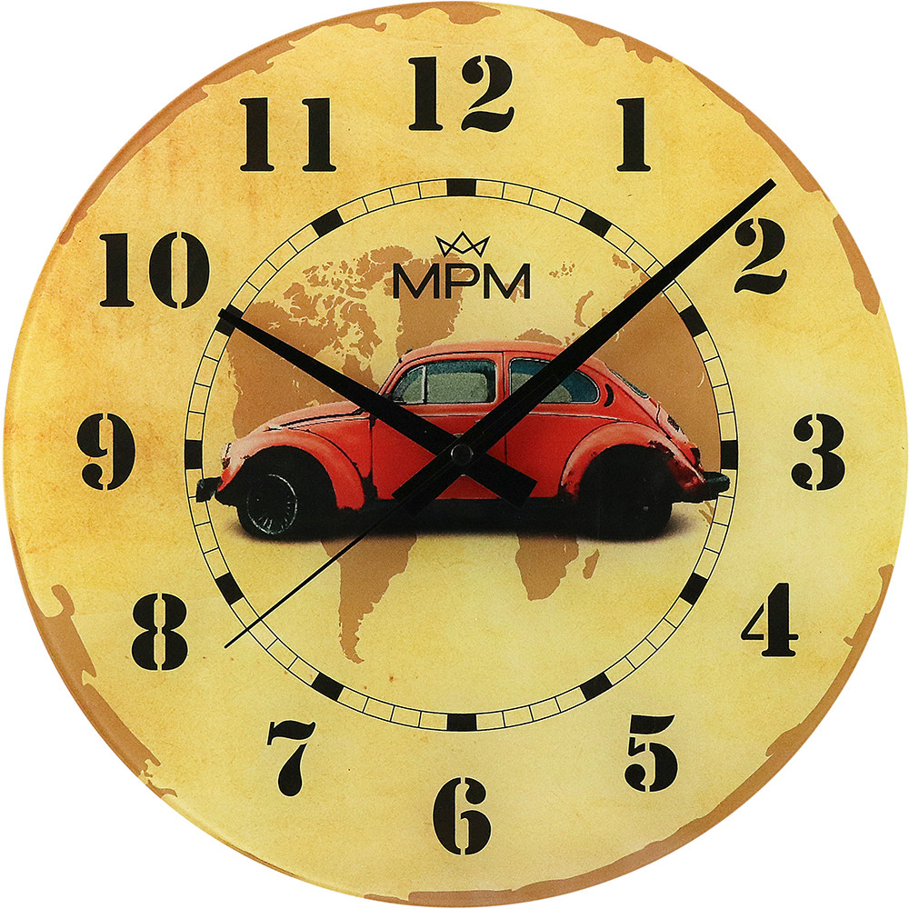 MPM Retro Elegantní skleněné nástěnné hodiny s motivem automobilu v retro stylu E09.4467