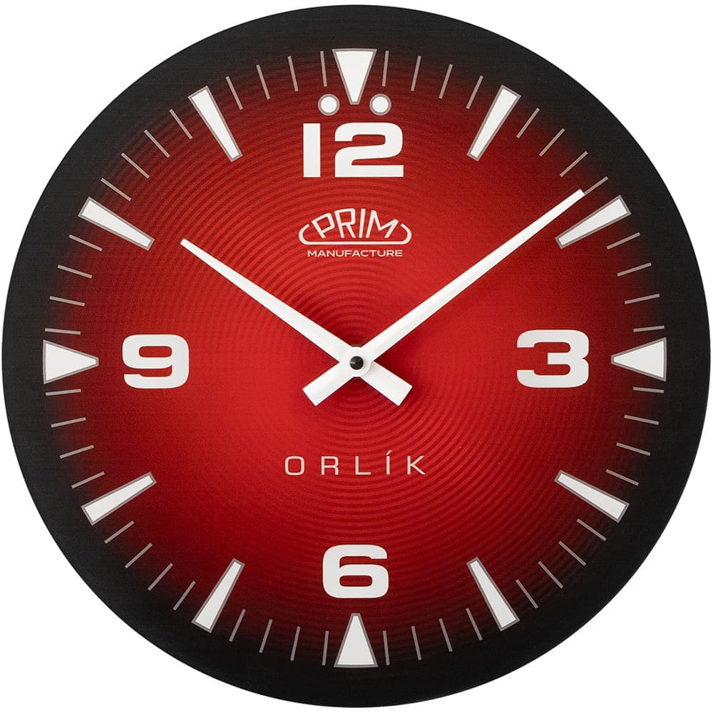 PRIM Moderní skleněné nástěnné hodiny inspirované Prim Orlík III - černo-červené E09.5541.9020