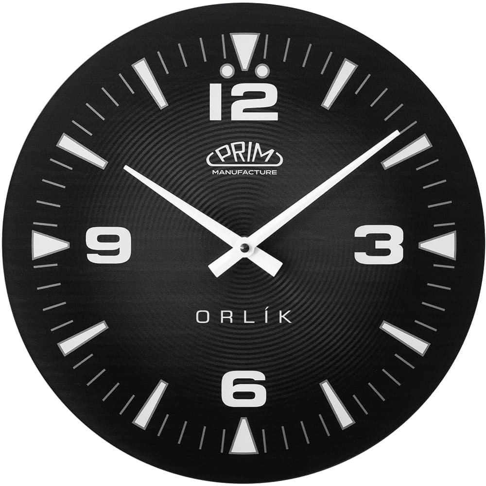 PRIM Moderní skleněné nástěnné hodiny inspirované Prim Orlík III - černé E09.5541.9090